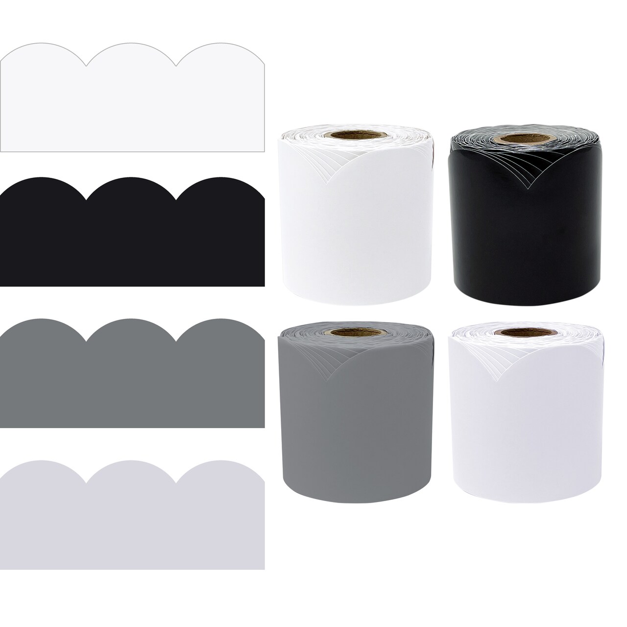Carson Dellosa 260Ft Gray, Black and White Bulletin Board Borders, 4 Rolls of Scalloped Bulletin Board Border for Bulletin Board, White Board, Office Décor, Classroom Décor, Black and White Décor